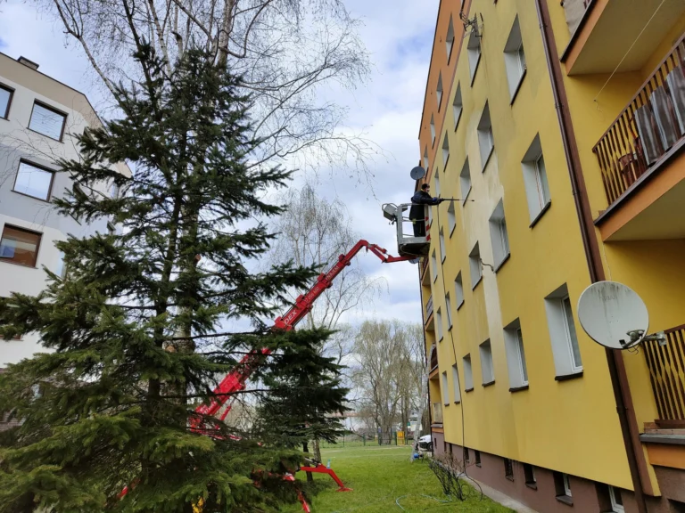 Podnośnik ustawiony przy elewacji budynku i drzewach