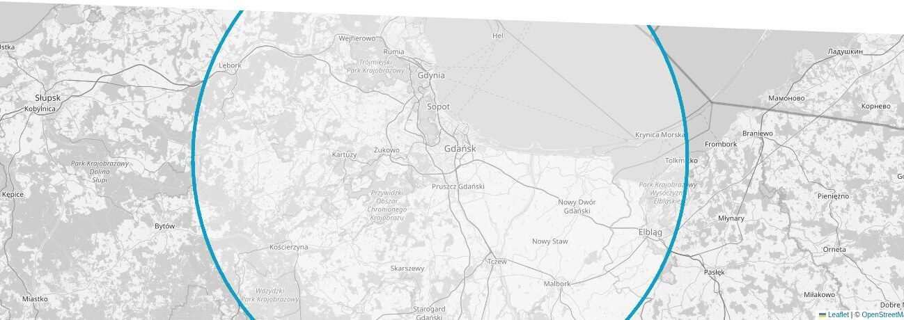 Mapa obszaru działania AquaUp obejmującego Gdańsk, Gdynię, Sopot i okolice w promieniu około 63 km