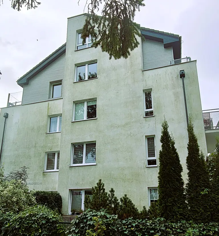 Zielony nalot na jasnej elewacji budynku mieszkalnego w Gdyni przed myciem